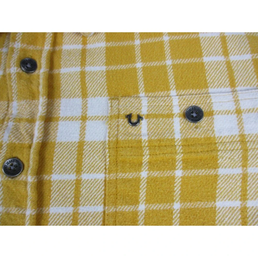 True Religion Shirt Mens Large Yellow White Plaid Flannel Long Sleeve Button Up